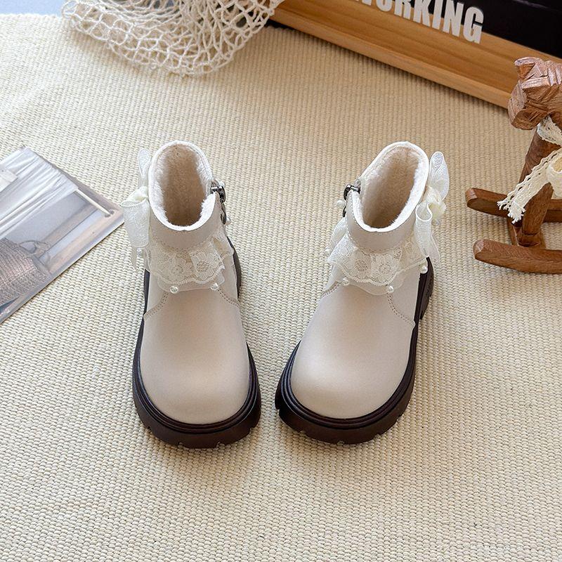 Children's Sweet Ankle Boots, Winter Girls' Fashionable Lace Bow and Fleece Boots