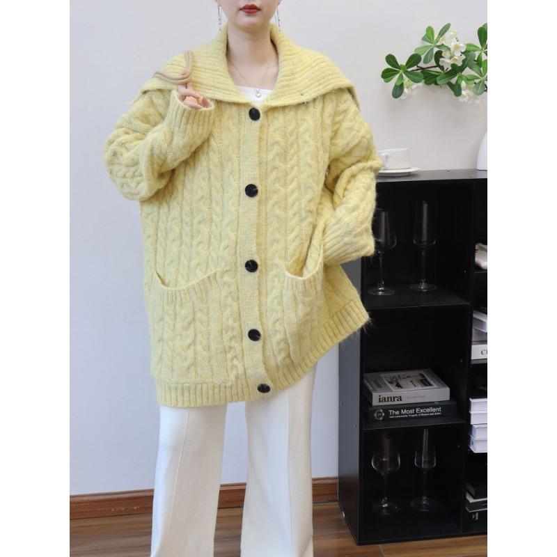 Autumn and winter new medium and long lapel loose twist knitted cardigan lazy wind sweater jacket women
