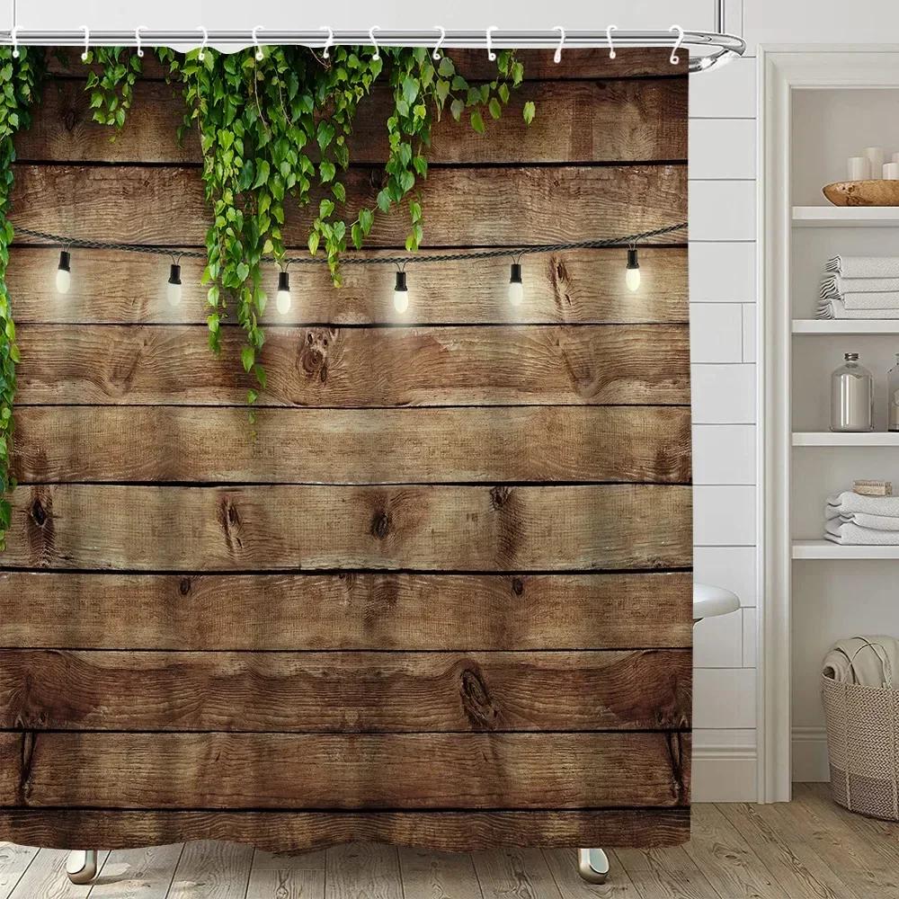 Rustic Wooden Barn Door Decor Shower Curtain For Bathroom Western Country Theme Vintage Rural Farm House Door Bath Curtains Set