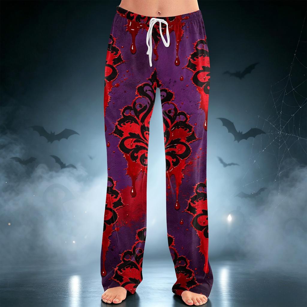 Women's Halloween Printed Drawstring Wide Leg Pants for Casual Sleepwear