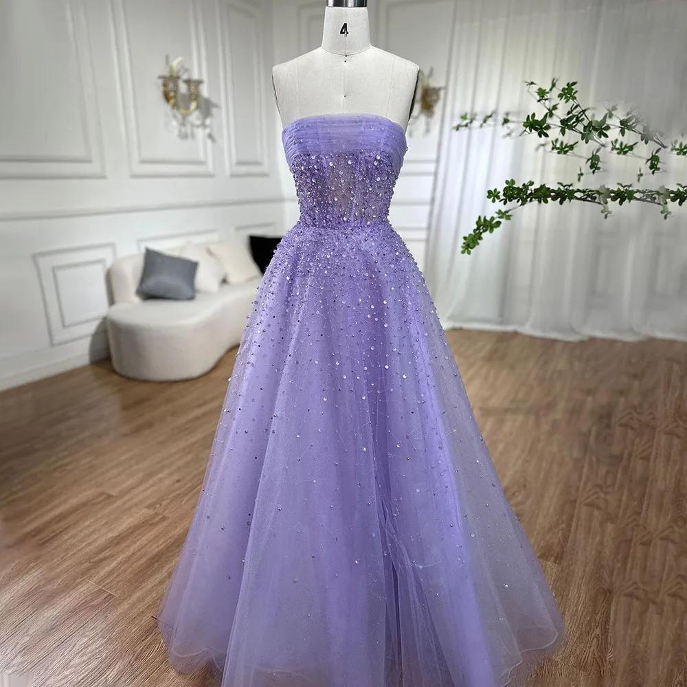 Off-white tube top A-word beaded long dress party celebrity host art test performance evening dress LA11009