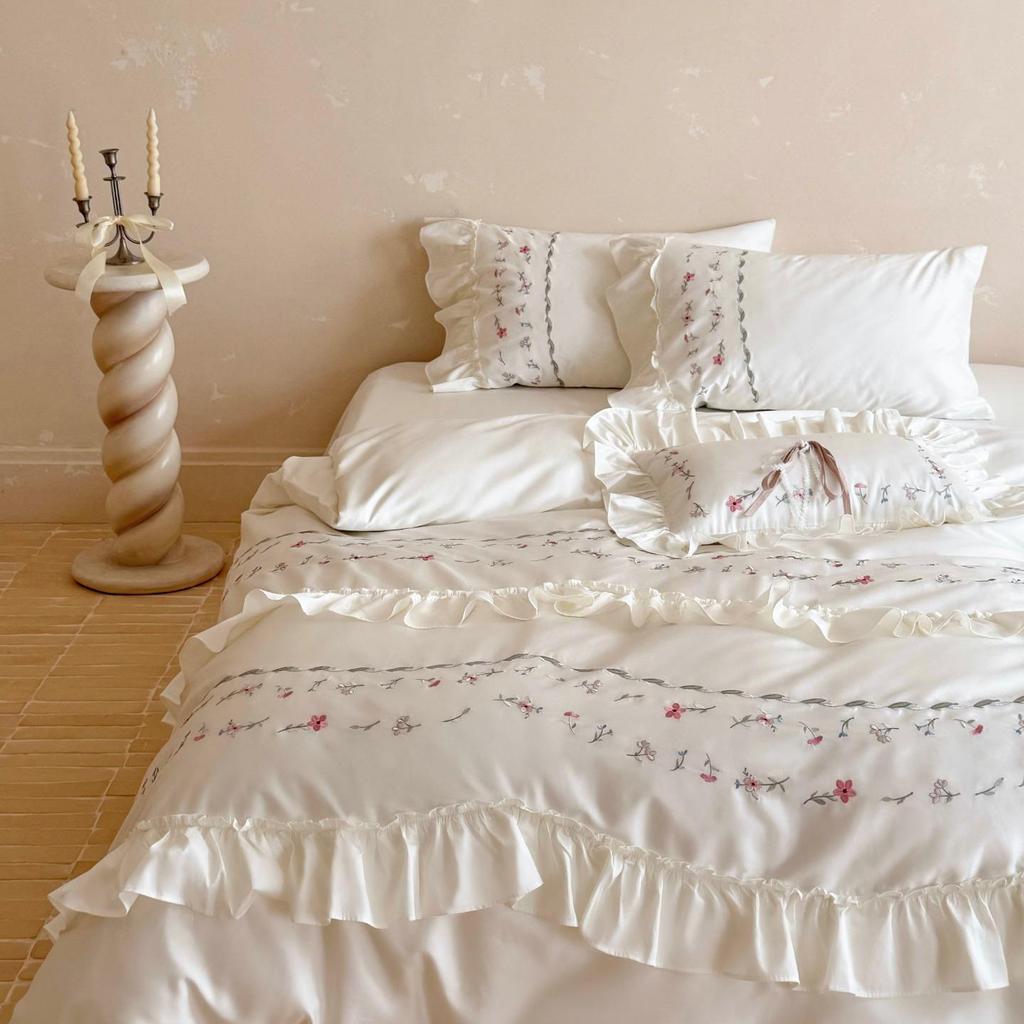 French Countryside Floral 100% Cotton Embroidered Lace Duvet Cover Set, includes Long-Staple Cotton Bed Sheet and Pillowcases.
