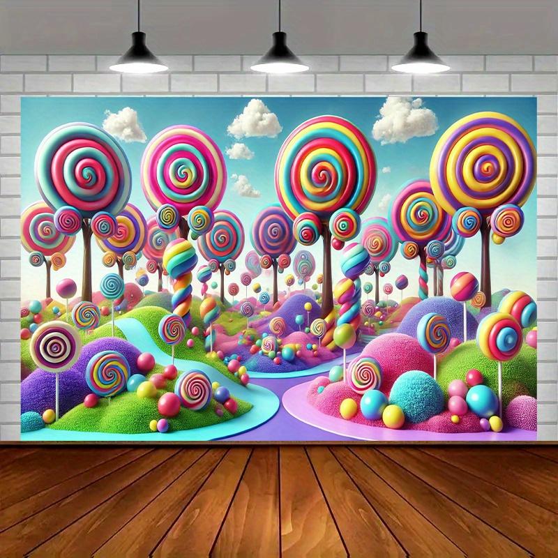 A dreamy candy-themed background banner made of polyester, suitable for various party decorations both indoors and outdoors.