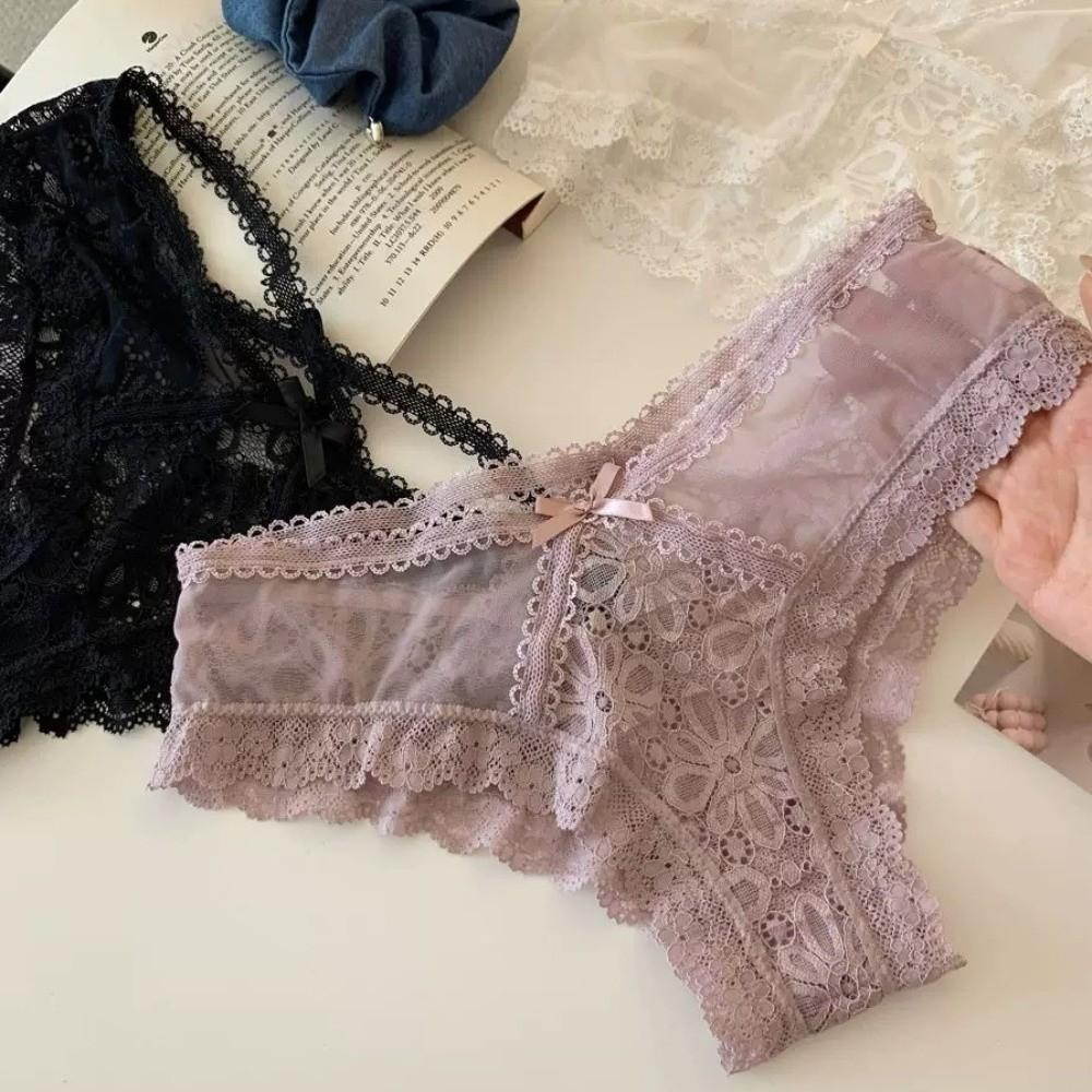 Fashion Bow Lace Flower Panties Low Waist Hollow Lace Mesh Briefs Transparent French Style Briefs Gifts