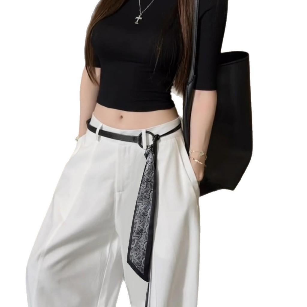 Women's Coffee Brown Silk Scarf Belt with Wide-Leg Cargo Jeans Retro Style