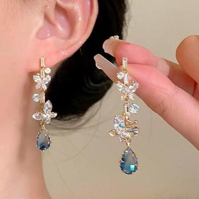 Blue Water Drop Butterfly Earrings - Elegant High-End Full Diamond Long Earrings for Ladies