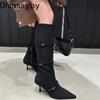 Vintage Suede Women Knee High Boots Fashion Pointed Toe Shoes Autumn Winter Thin Heel Ladies Short Plush Long Booties