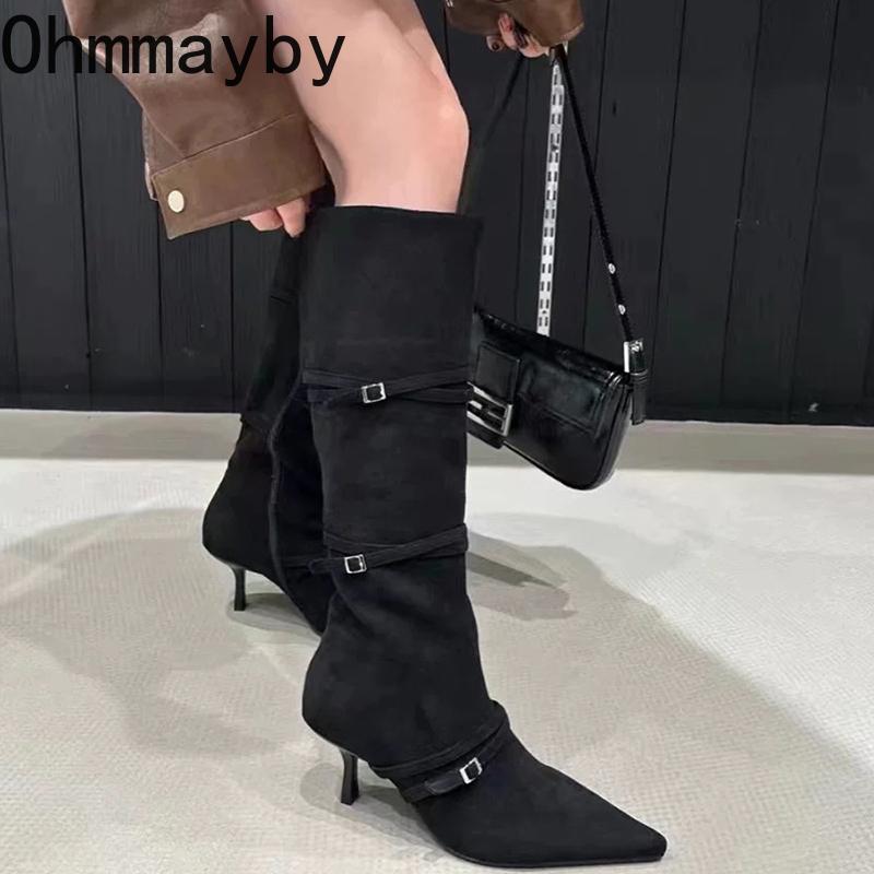 Vintage Suede Women Knee High Boots Fashion Pointed Toe Shoes Autumn Winter Thin Heel Ladies Short Plush Long Booties