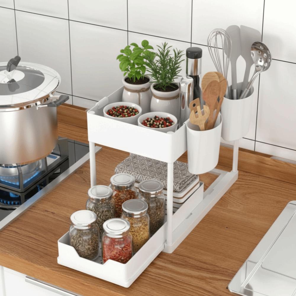 2 Tier Sliding Cabinet Basket With Hooks Under Sink Organizer Upgraded Bathroom Organizer Bathroom