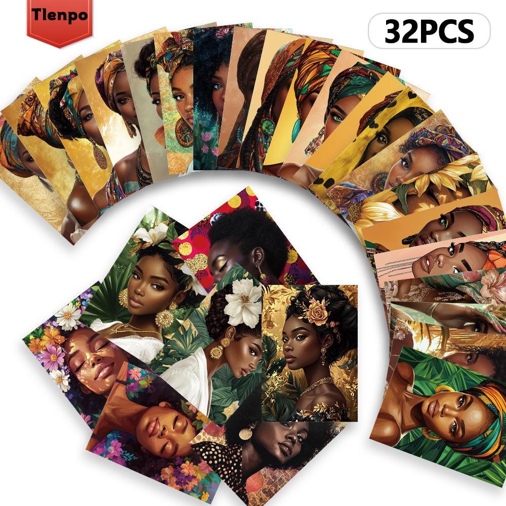 32pcs, Black Women Portrait Postcards, Feminine Charm, Birthday/Anniversary Gifts, Collectibles, Suitable for Gifting, Mailable.