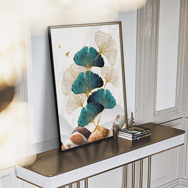 Golden Blue Leaves Bird Deer Poster Canvas Painting for Living Room Picture Home Decor Nordic Marble Abstract Wall Art Print