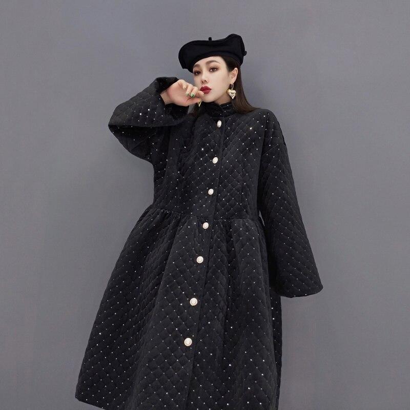 Xitao Winter New Parka Black Sequins Loose A-LINE Splicing Fashion Stand Collar Women Large Size Keep Warm Parka Coat LL1026