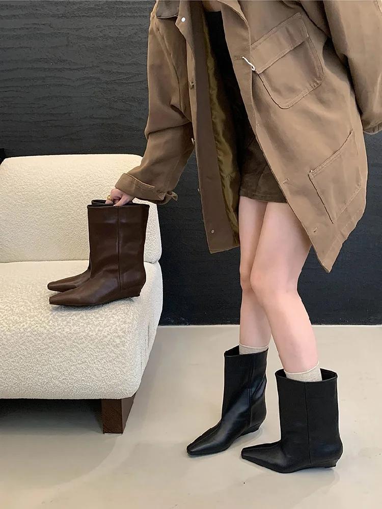 Eilyken 2025 Vintage Soft Leather Pointed Toe Women Ankle Boots Autumn Winter Wedges Heel Shoes Concise Ladies Modern Booties