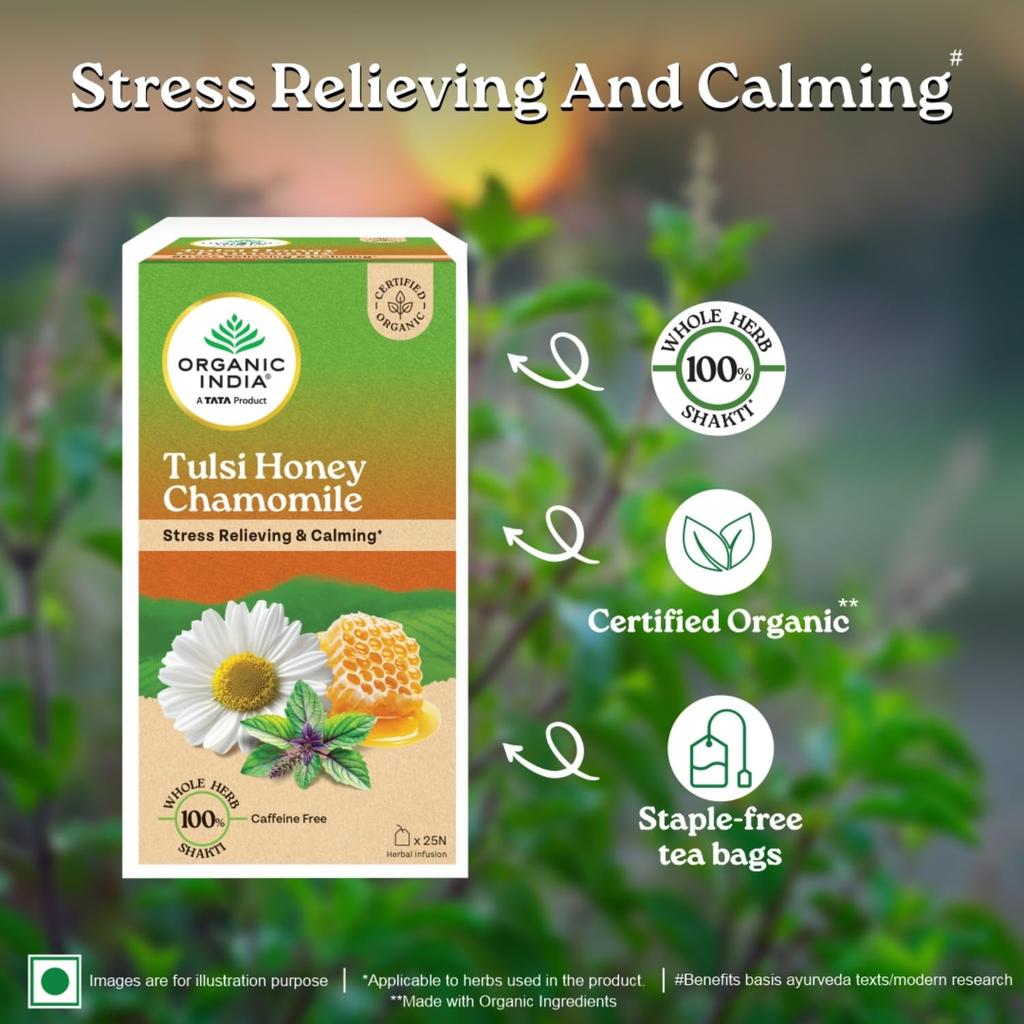 ORGANIC INDIA Tulsi Honig Kamille Aufguss 25 Teebeutel, Bio-zertifiziert, Entspannendes und beruhigendes Getränk