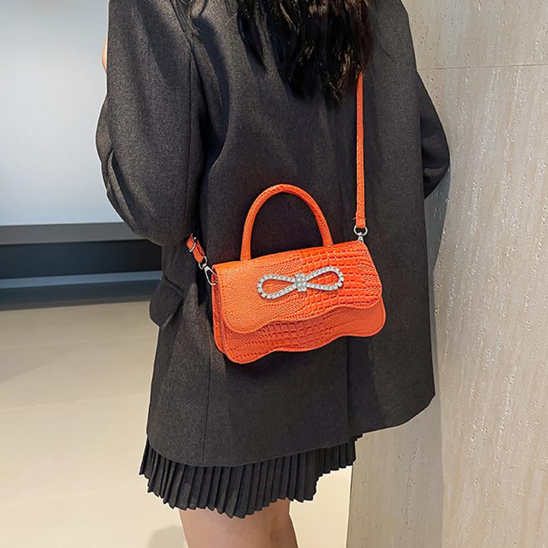 PU Leather Alligator Pattern Small Square Handbag Bow Design Women's Solid Color Fashion Shoulder Crossbody Bag AVE