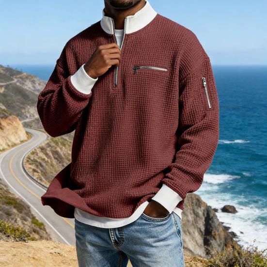 Men Waffle Sweatshirt Quarter Zip Stand Collar Casual Pullover Color Block Long Sleeve Top for Office Street Gym Wear