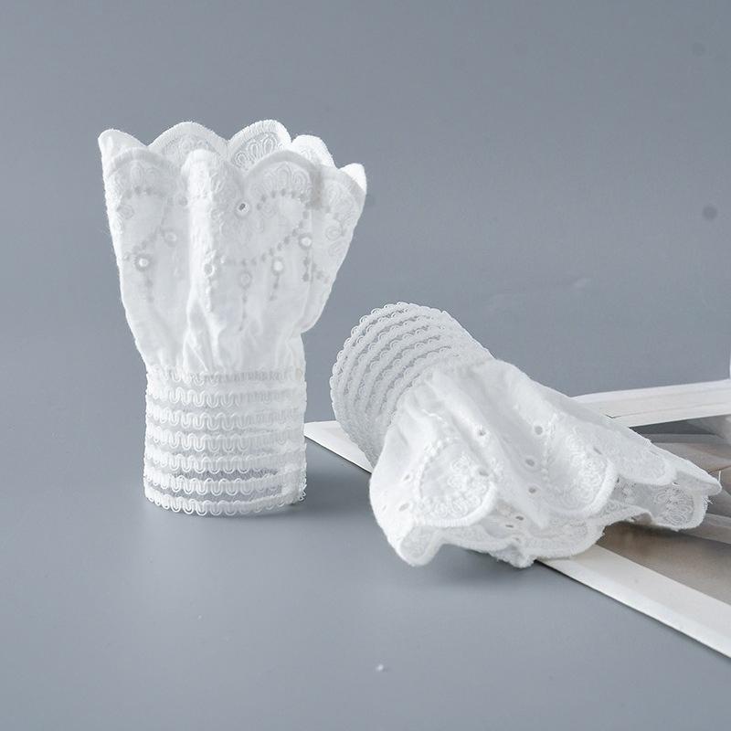 Womens Pleated Ruffles Horn Cuffs Hollow Out Lace White Embroidery Floral Lace Fake Sleeves Double Layer Sweater Wristband