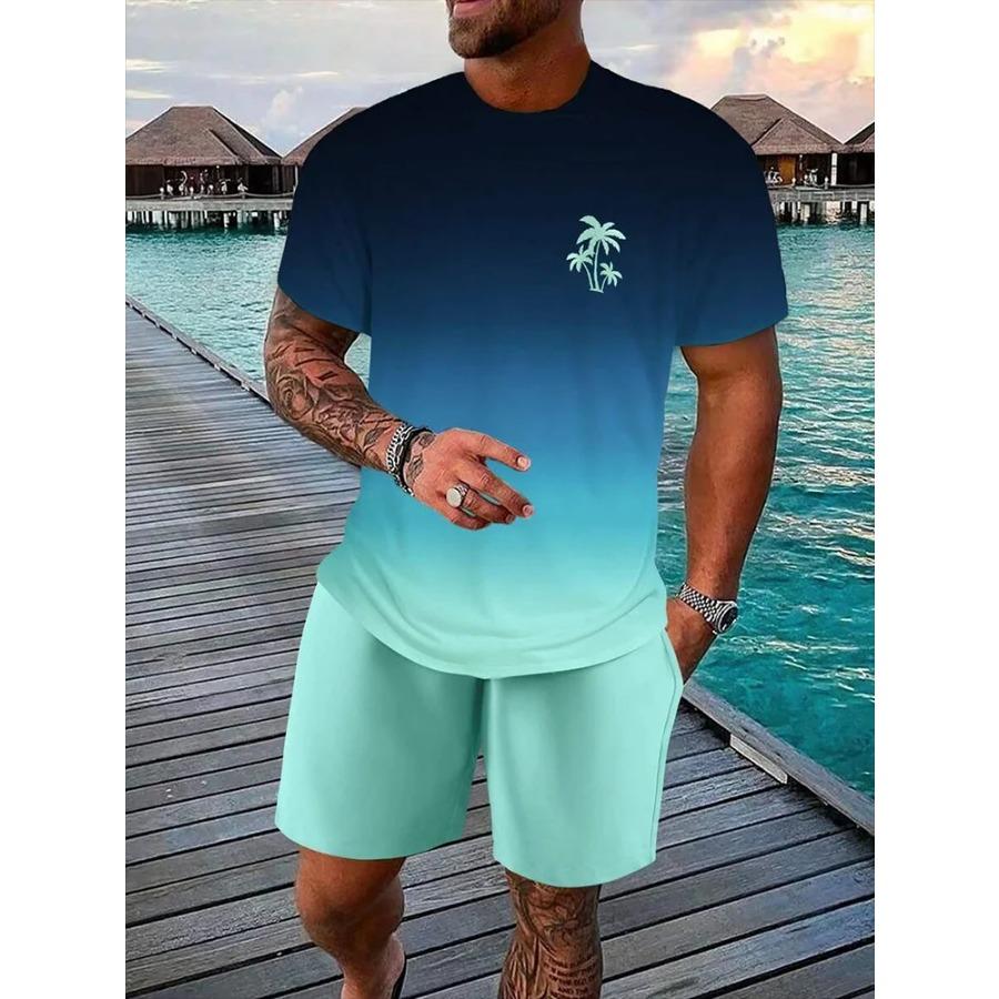 Gradient Print Men's Short Sleeve Shorts Set Hawaiian Men's Fashion Set Summer Men's Casual T-shirt Outdoor Beach Men's Shorts