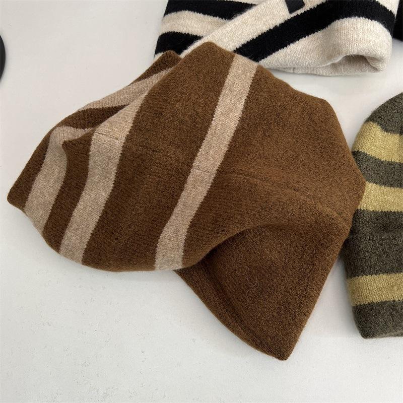 Striped letter sewn label roll brim casual retro fashion versatile street wool hat stack hat
