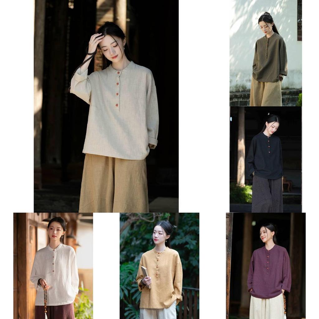 Spring Linen Cotton Womens Shirt With Colorblock Buttons For Vintage Style Casual Wear