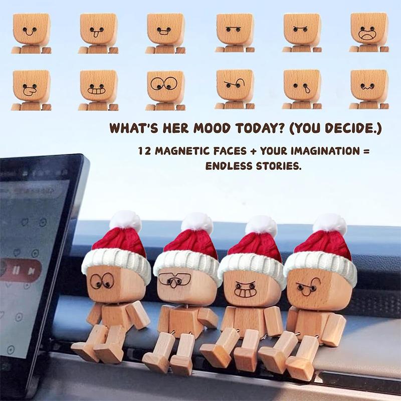 Christmas Shaking Wooden Man, Shaking Wooden Man Figurine With 12PCS Magnetic Expressions, Charming Little Wood Figure