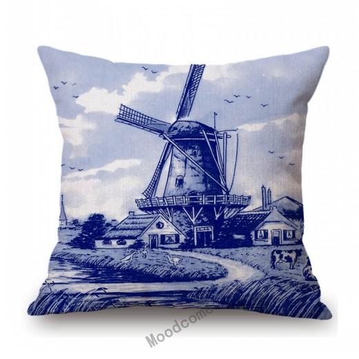 Traditional Deflt Blue Royal Holland Wildmill Toile De Jouy Art Decoration Sofa Throw Pillow Case Cotton Linen Cushion Cover