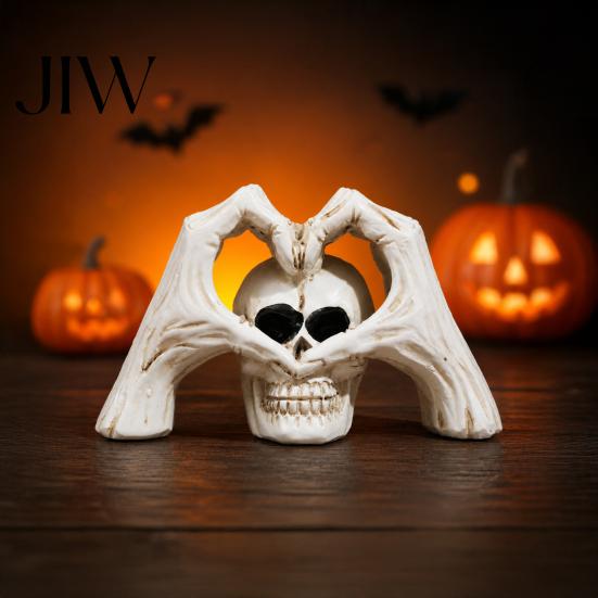 Creative Tricky Festival Gift Gothic Skeleton Hands Heart Sculpture with Skull, Romantic Love Statue, Halloween Indoor Tabletop Ornament Shape Finger
