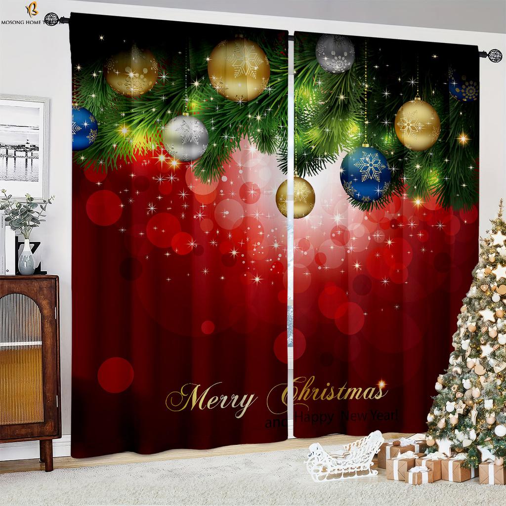 Weihnachtsbaum Schneemann Kamin Cartoon-Druck Vorhänge Geeignet für Schlafzimmer Restaurant Neujahrsparty Dekoration Vorhänge 2 Stück