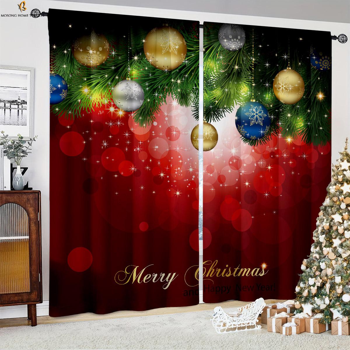 

Christmas Tree Snowman Fireplace Cartoon Print Curtains Suitable Bedroom Restaurant New Year Party Decoration Curtain Set Of 2 Made Polyester Washable W100*H130(CM)-Hooks&2PCS