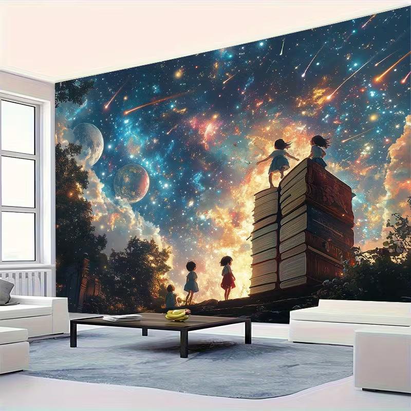 Magical Reading 2D Backdrop, Cosmic Sky & Bookstack Photo Background
