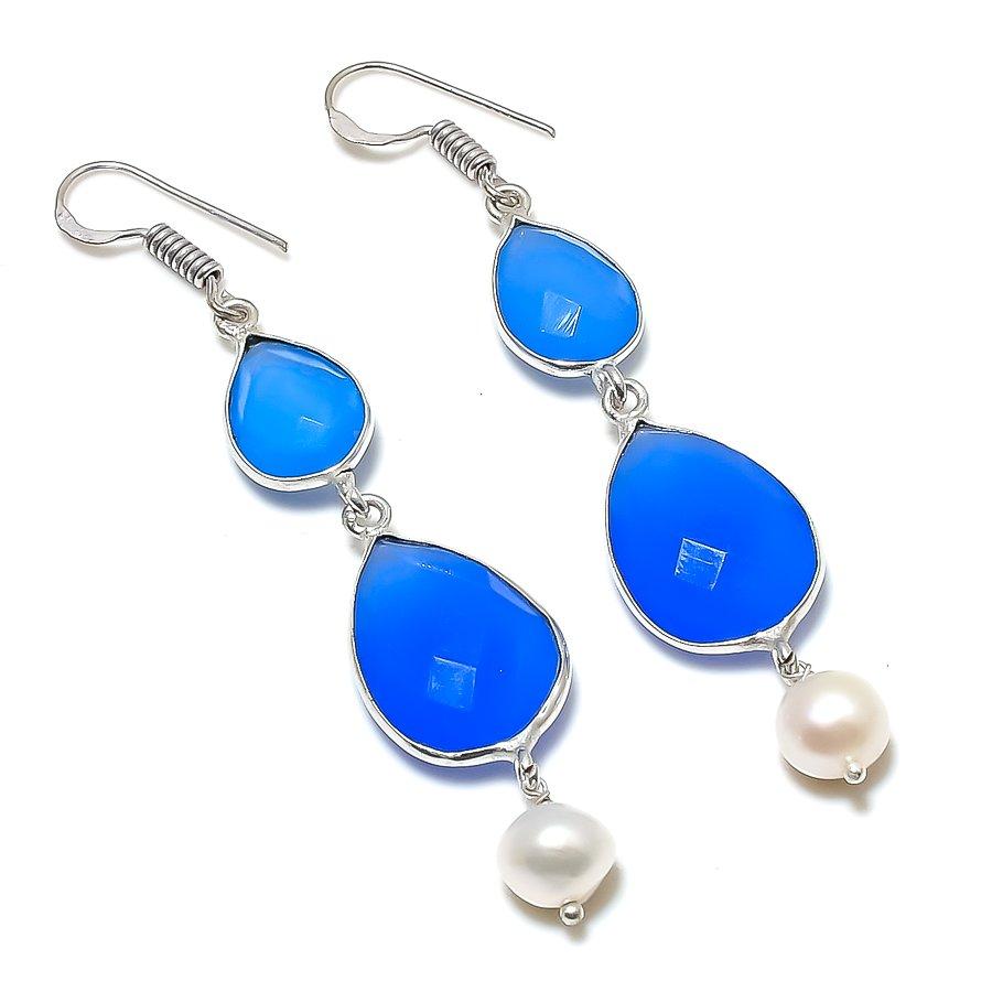 Blue Chalcedony, Pearl Gemstone 925 Sterling Silver Jewelry Earring 2.68" GK-6255