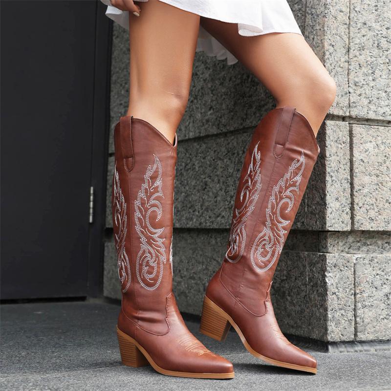 Western Women's Knee High Boots 2025 New Trends Wedge Heel Embroider Winter Shoes Ladies White Red Pink Cowboy Cowgirls Boot