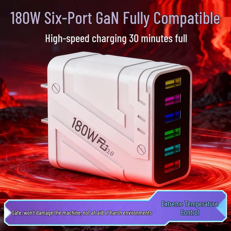 180W GaN Fast Charger with PD3.0, QC3.0, Super Flash Charge, 6-Port USB, Auto Disconnect