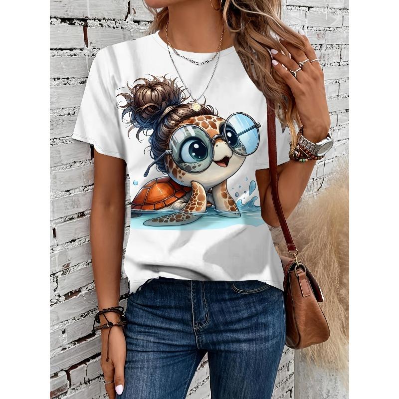 

Европейские размеры. Милый мультяшный дизайн с морскими черепахами. Стильная женская блузка с коротким рукавом и облегающим круглым вырезом. M белый