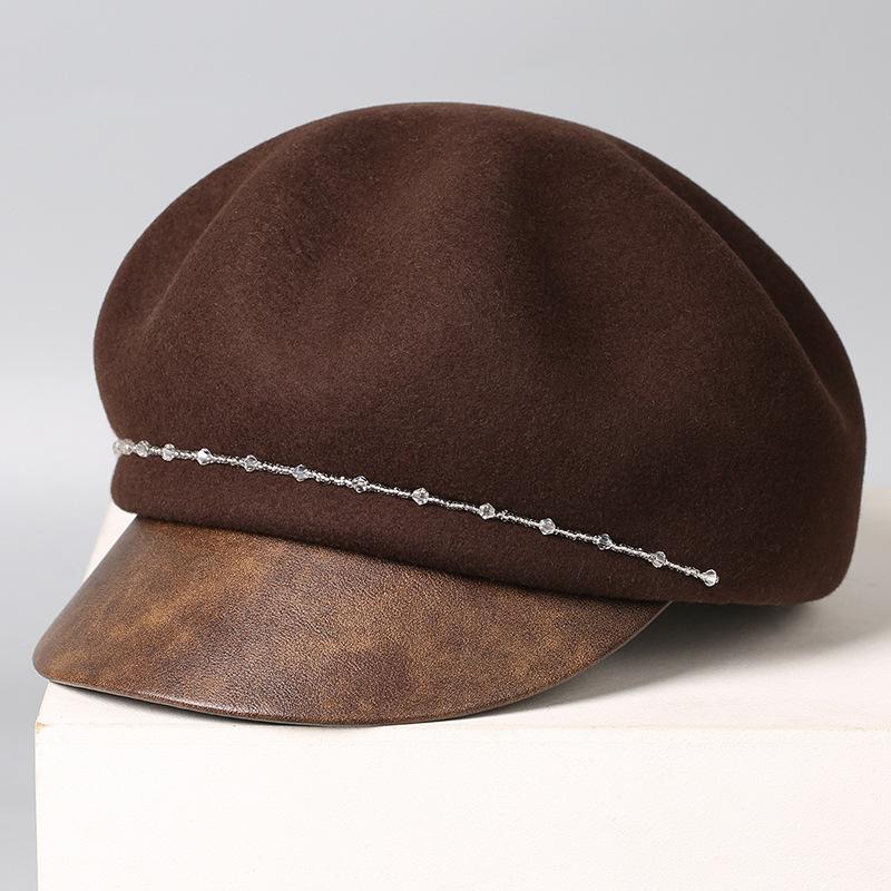 Autumn and Winter Light Luxury Handmade Diamond Chain Wool Cap Women's Versatile Fashion Newsboy Hat Trendy and Warm Felt Hat