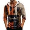 Men's Loose Fit Hooded Three-Quarter Sleeve Halloween Print Pullover