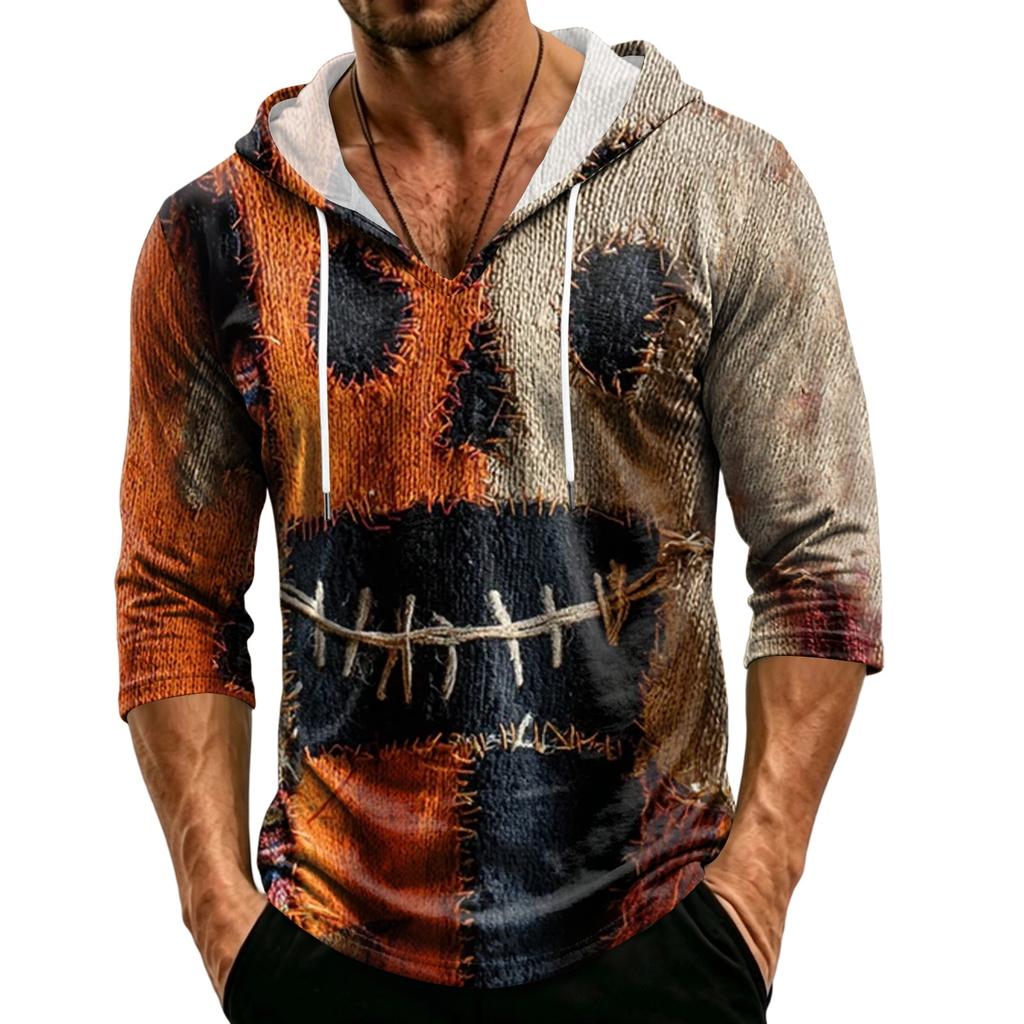 Men's Loose Fit Hooded Three-Quarter Sleeve Halloween Print Pullover