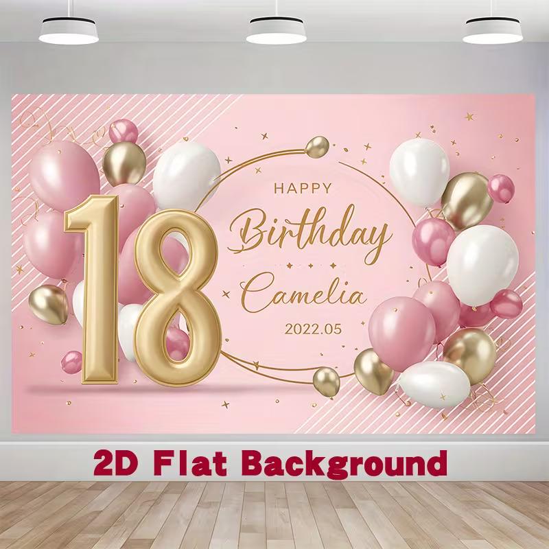 

2D Custom 18th Birthday Background Cloth, Pink Gold Balloon Themed Backdrop for Girls Birthday Party Supplies 47.2x31.5inch/120*80cm