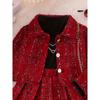 three-piece girls turtleneck black top  red plaid pleated skirt  red plaid short coat casual and comfortable daily wear birthday party family party
