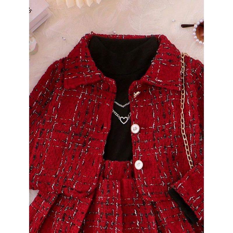 three-piece girls turtleneck black top  red plaid pleated skirt  red plaid short coat casual and comfortable daily wear birthday party family party