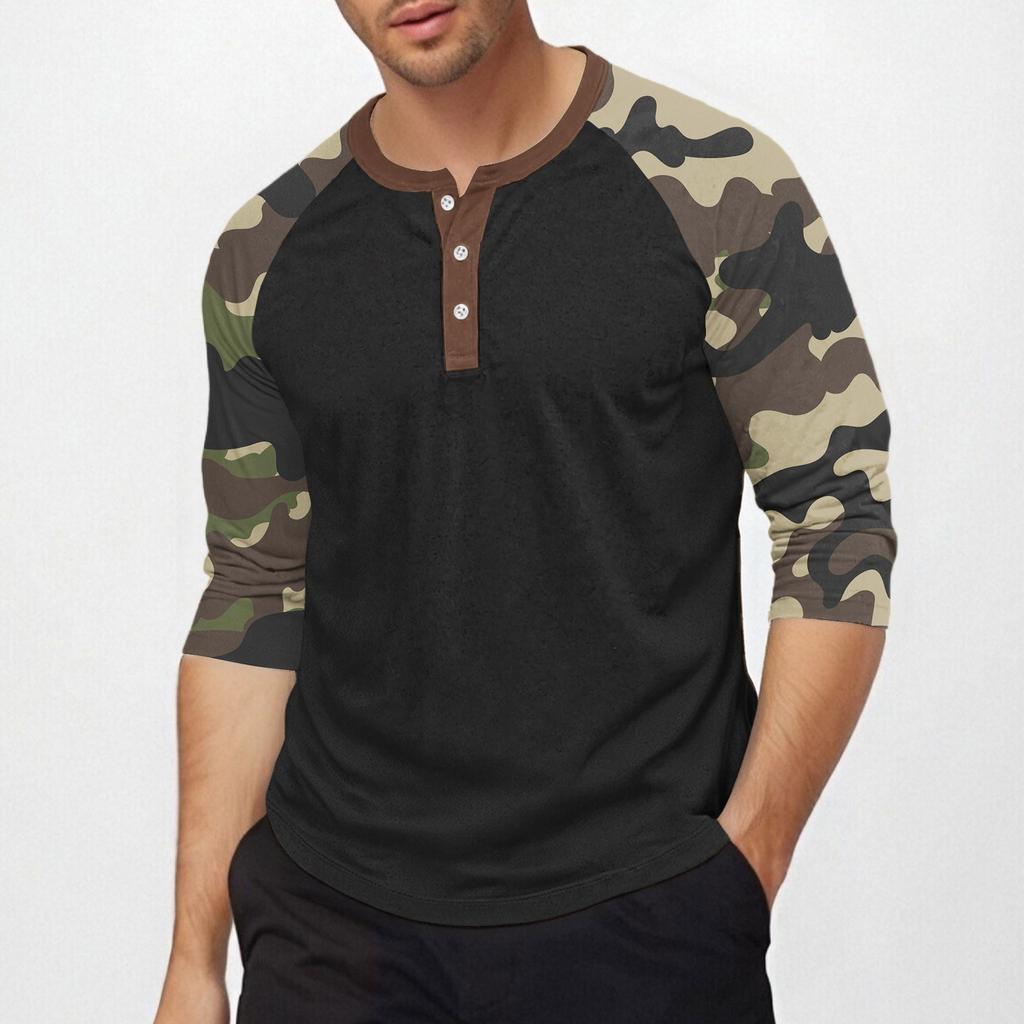 Men's Top with Three-quarter Sleeves and Camouflage Print