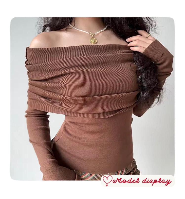 European One-Shoulder Pleated Knit Slim-Fit Sweater for Women