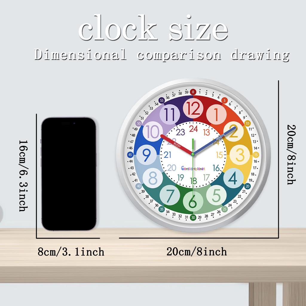 Colorful Digital Plastic Glass Teaching Wall Clock Living Room Bedroom Kitchen Home Decoration Silent Quartz Clock Holiday Gift (No Battery)