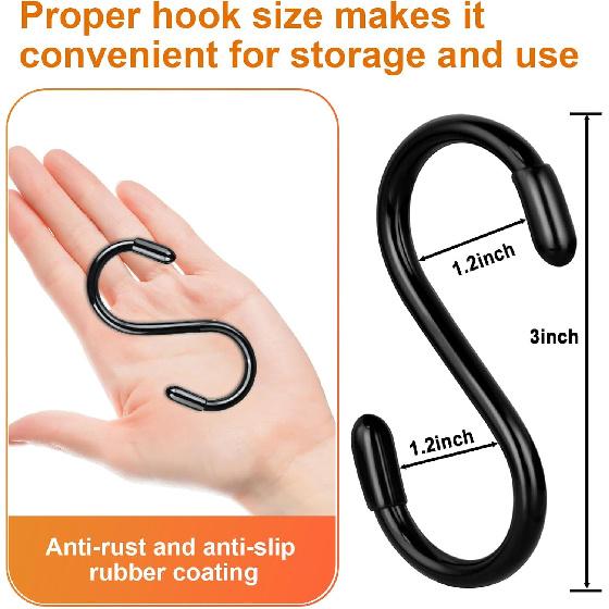 3 Inch Vinyl Coated S Hooks, 12 Pack S Hooks for Hanging Plants Heavy Duty, Small Non Slip Black Rubber Coated Metal Closet Rod Hooks for Hanging