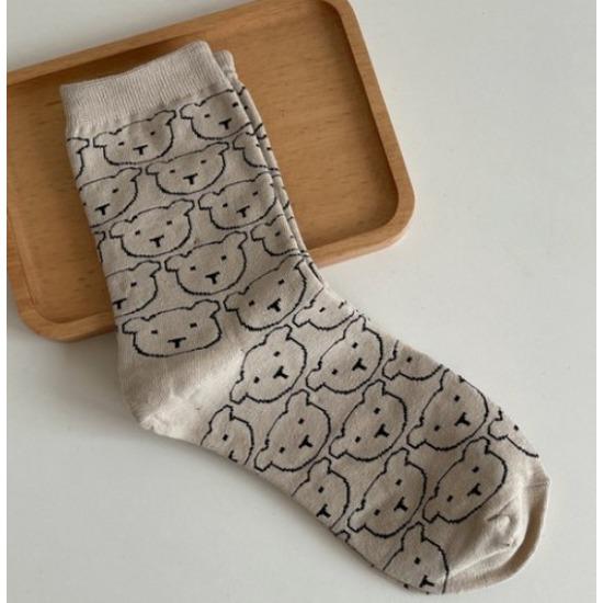 Cartoon Puppy Embroidery Cute Socks Women Autumn and Winter Middle Tube Socks Korean Striped Cotton Knitted Elastic Long Socks