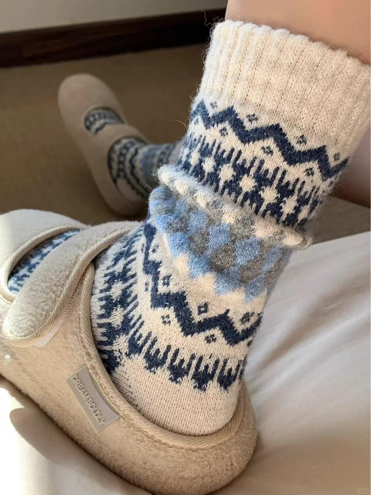 

Норвежские шерстяные носки Fair Isle - Очень толстые, ретро, этнический стиль, зимние носки-слаучи One Size серый/синий