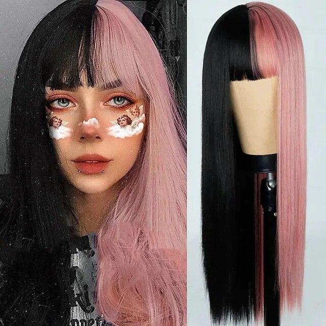 Similler Women Synthetic Hair Long Straight Heat Resistant Wig Pink and Black Red White Split Dye Wigs with Bangs