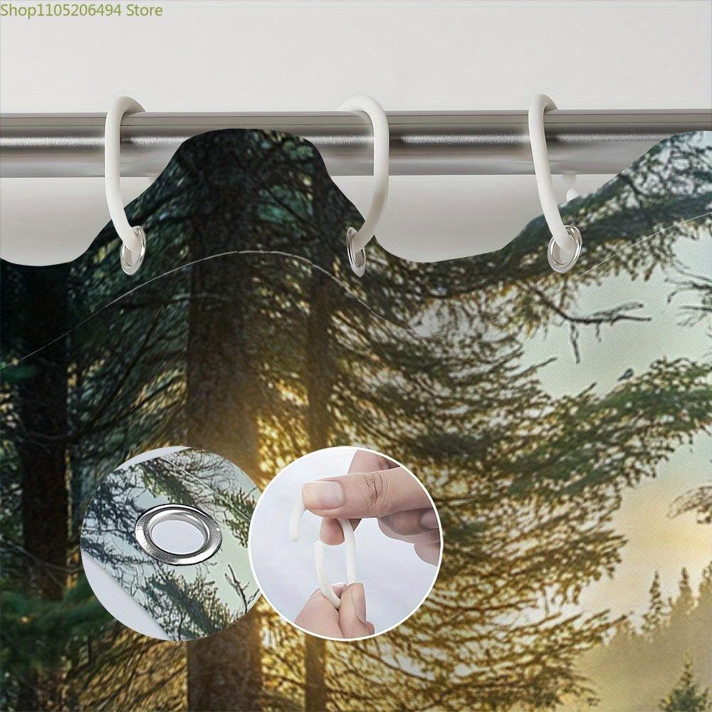 1pc Tranquil Forest Shower Curtain with Sunlight Through Pine Trees Design - Durable Polyester, Misty Horizon & Lush Green Fol