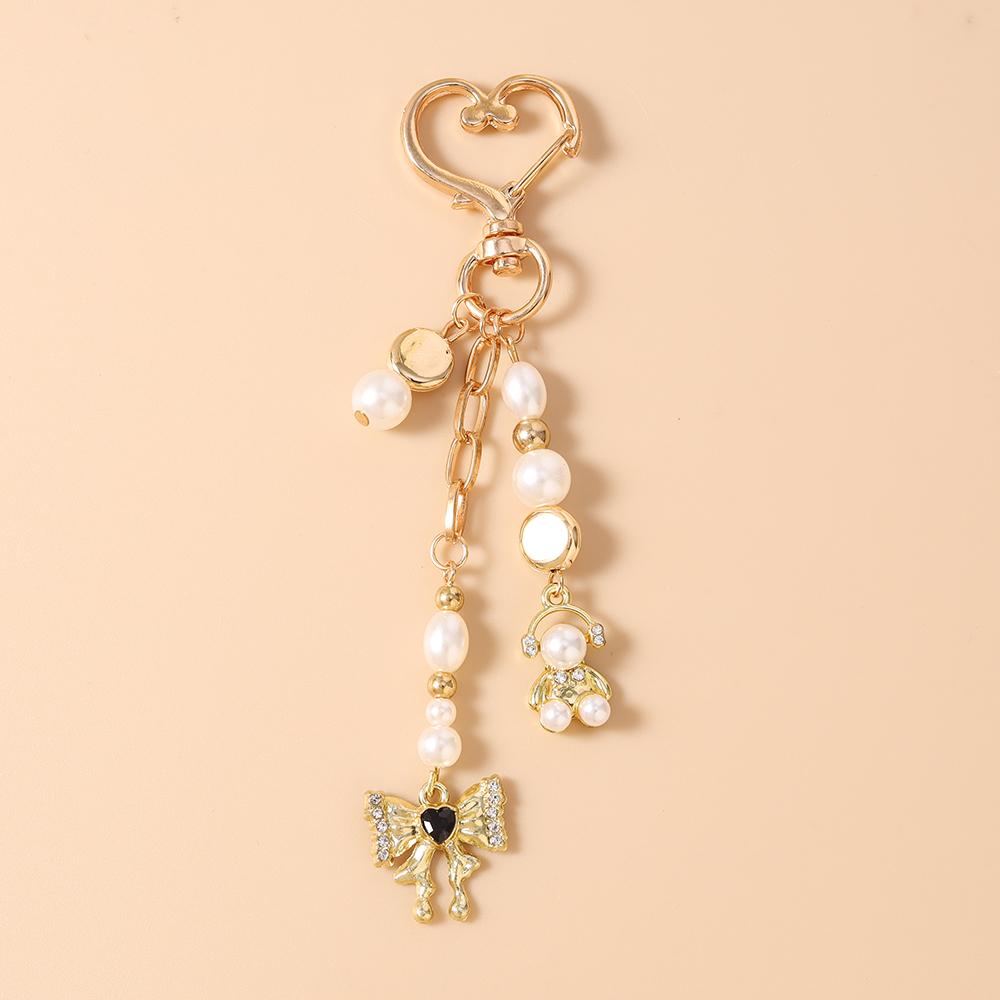 Cute Crystal Bowknot Keychain Pearl Beaded Key Ring Pendant for Women Girls Handbag Decor DIY Handmade Jewelry Gifts