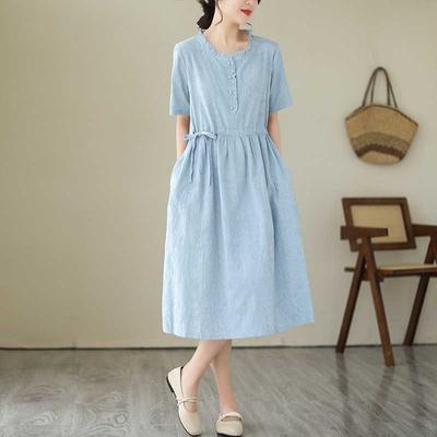 Summer Jacquard Dress Vintage Art Solid Color Wood Ear Collar Short-sleeved MIDI Skirt
